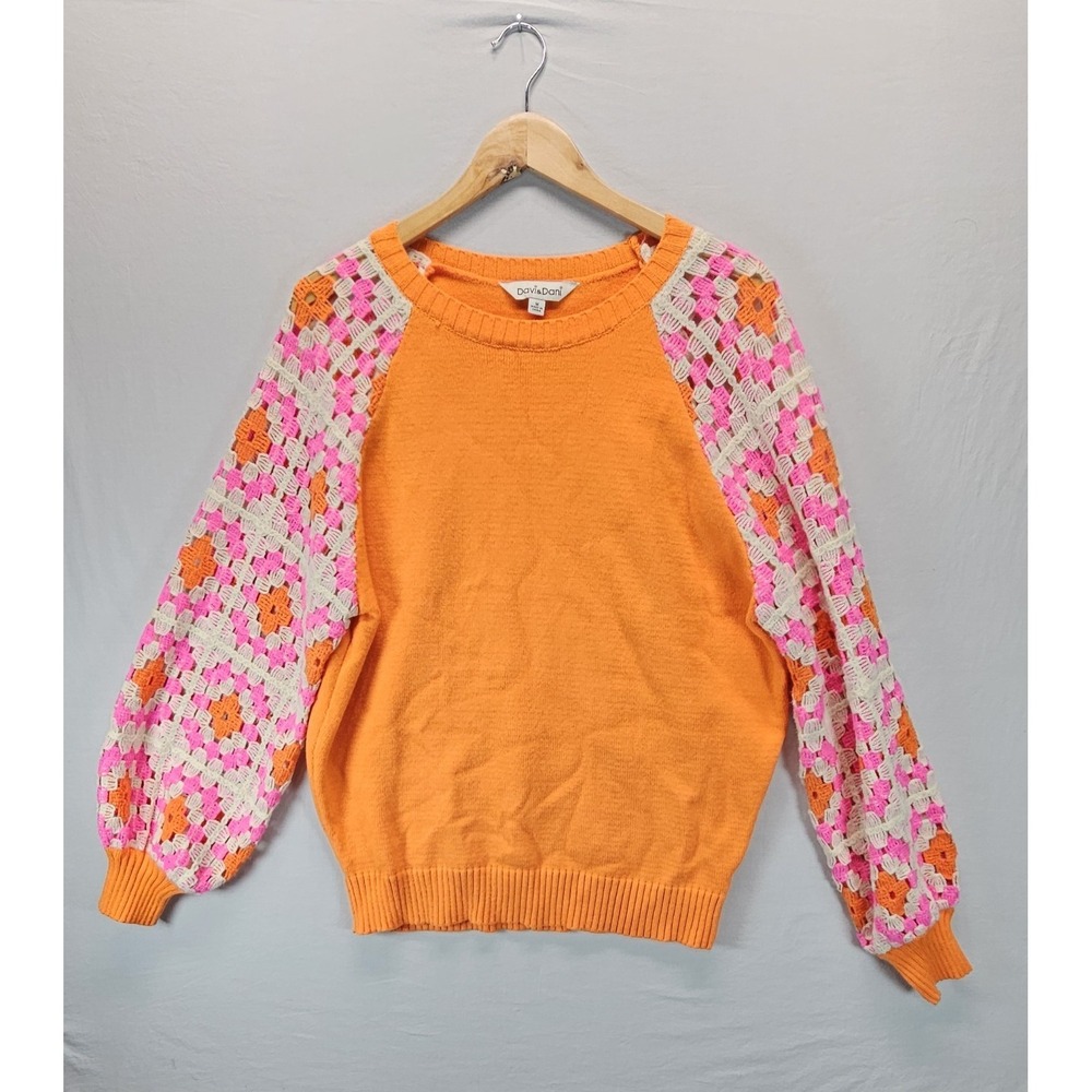 Davi & Dani Crochet Sleeve Sweater M Orange Pink Boho Chunky Knit Grannycore